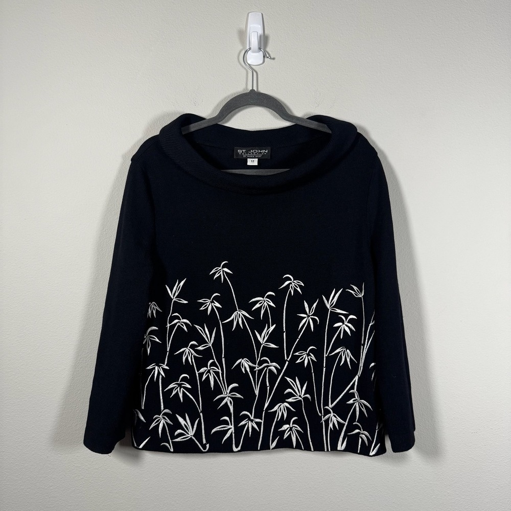 St. John Collection Marie Gray Black Knit Bamboo Embroidered Cowl Sweater 12